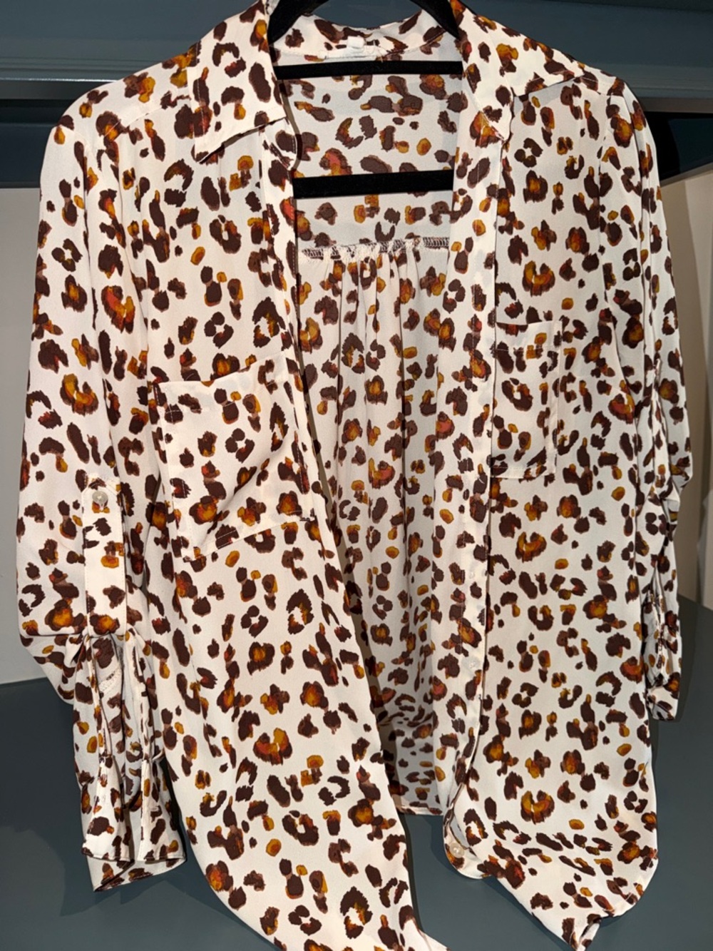 Maurices White Button-Down Shirt with Brown and Gold Leopard Print